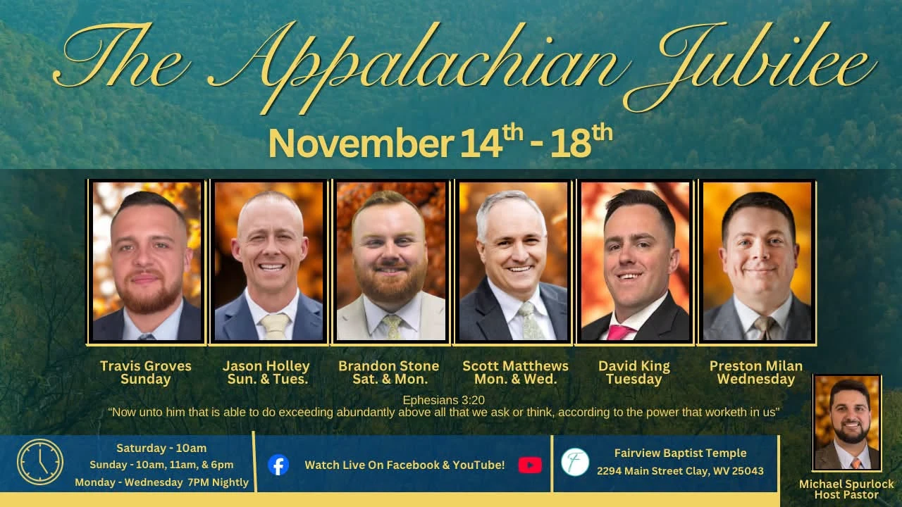 The Appalachian Jubilee speaker flyer, November 14-18. Full schedule and speaker details are listed below.